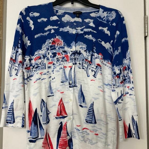 Talbots Nautical Sailboat Regatta Cotton Cardigan Sweater Novelty Resort M - Picture 3 of 9